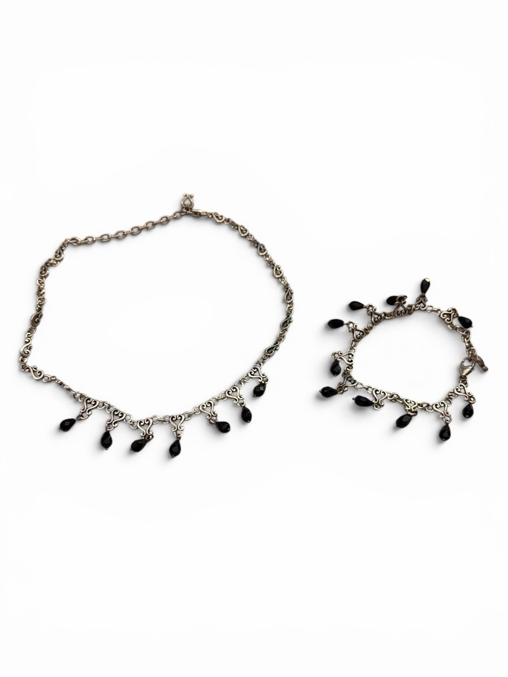 Vintage Silver Tone Filigree Necklace Bracelet Set Black Bead Dangle Gothic Boho